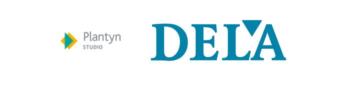 Logos de Plantyn Studio et de DELA affichés côte à côte sur un fond blanc.