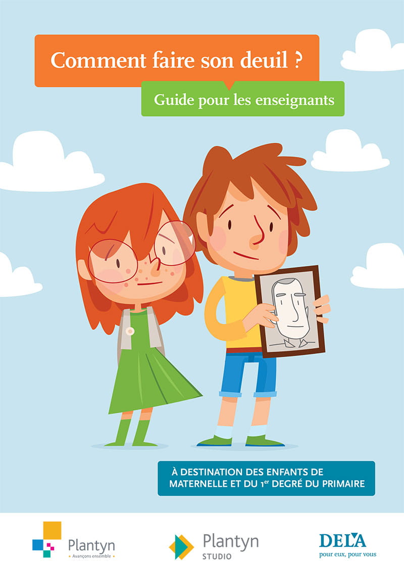 Handleiding voor leerkrachten Rouwen, hoe moet dat? over verlies, dood en rouw voor kleuters en eerste graad basisonderwijs, met twee getekende kinderen waarvan één een ingelijnd portret vasthoudt.