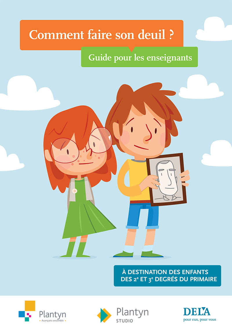 Guide pour enseignants Faire son deuil, comment faire ? sur la perte, le décès et le deuil pour les enfants des deuxième et troisième degrés de l’enseignement primaire, avec deux enfants illustrés dont l’un tient un portrait encadré.