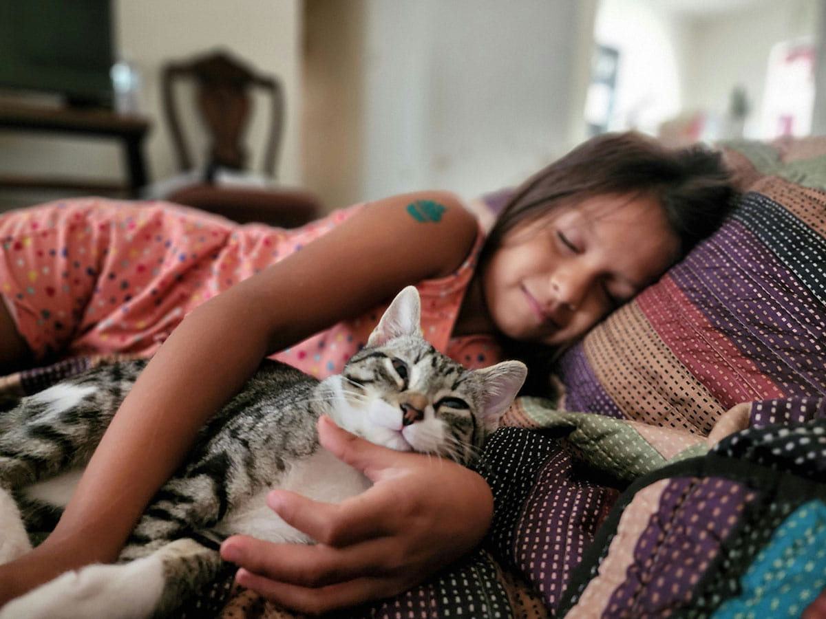 Kind ligt op een bed en houdt een kat vast in de armen.
