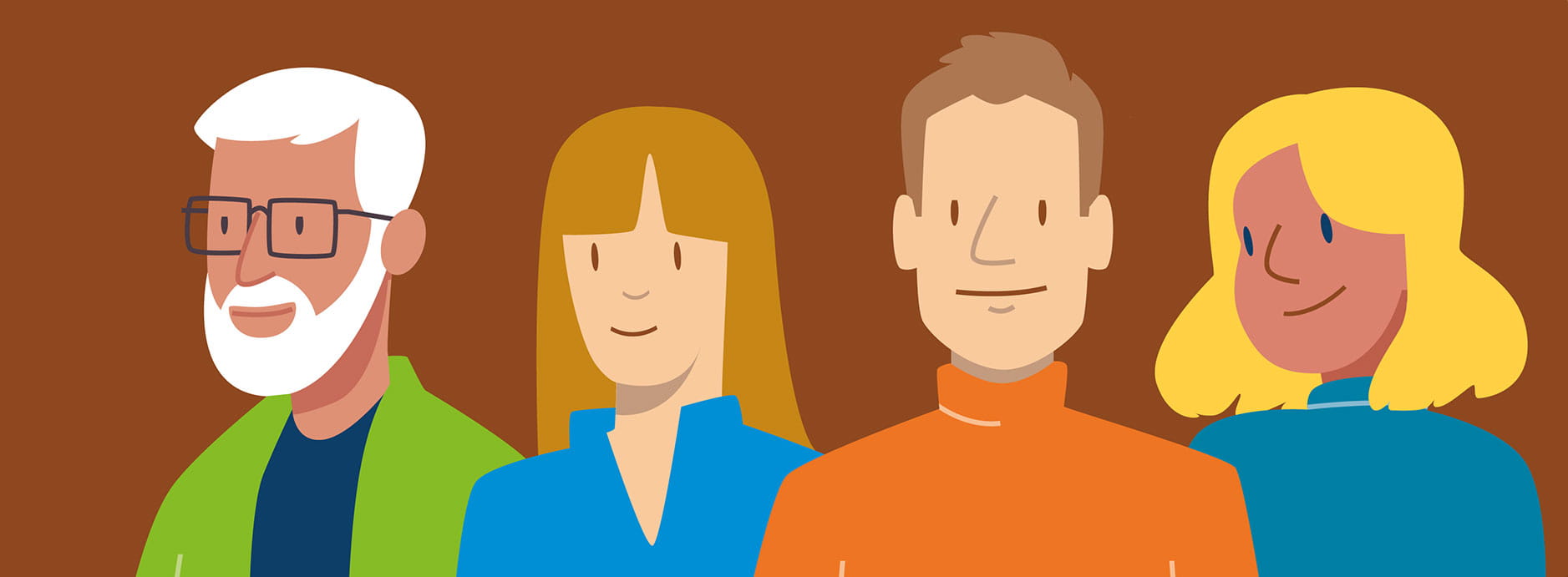 Gestileerde illustratie van vier personen naast elkaar tegen een bruine achtergrond.